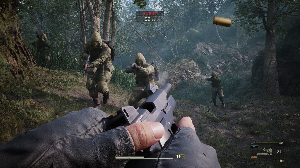 Snake reloading his gun while he shoots at guards in Metal Gear Solid Delta: Snake Eater
